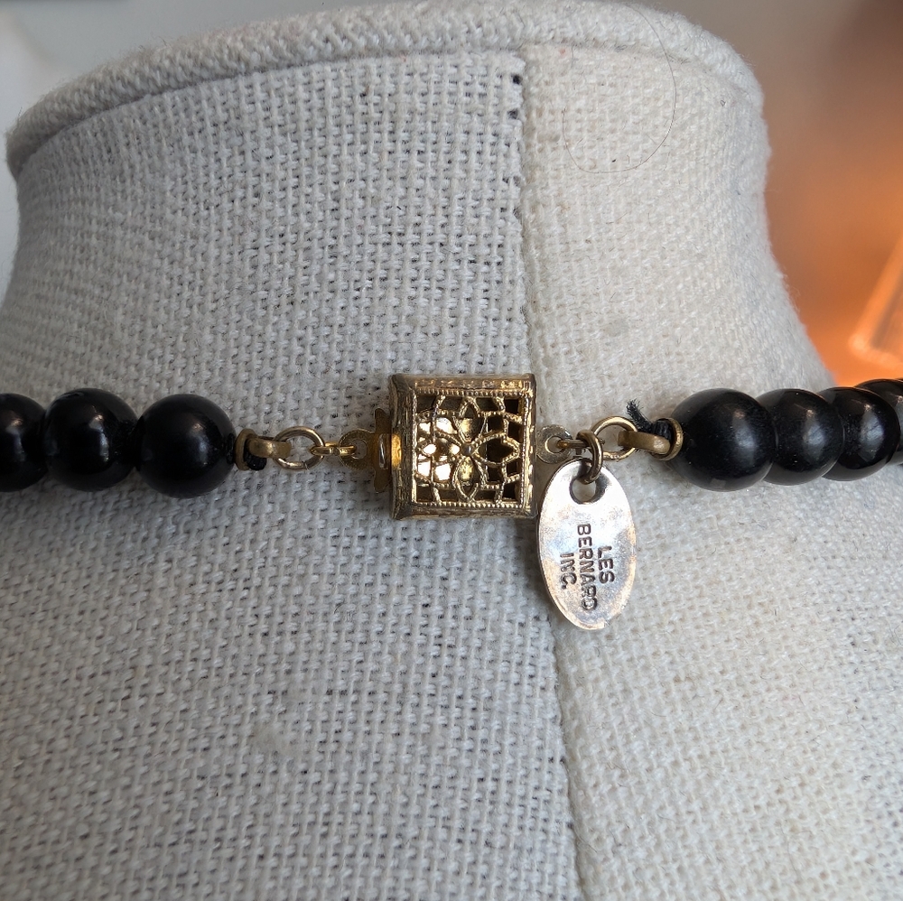 Vintage 925 Les Bernard Obsidian & Cloisonne Sterling Gold Necklace - Estate - Picture 9 of 14